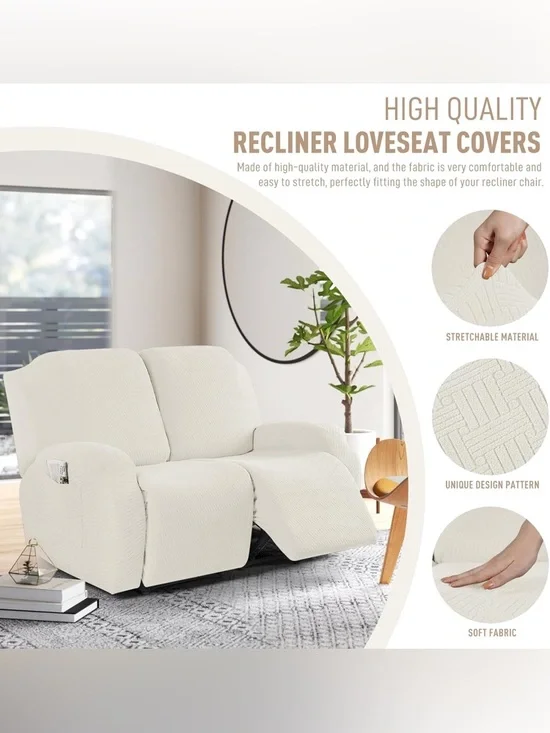 KinCam 2 Seater Recliner Loveseat Cover, Stretch Cream/Ivory