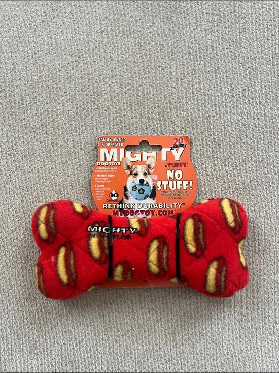 Mighty Tuffy Red Hot Dog Print Plush Bone Dog Toy