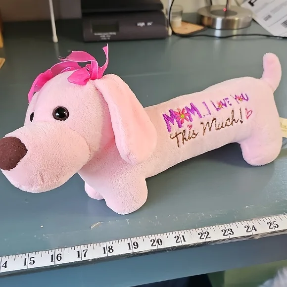 Pink Plush Dachshund Dog Toy. Pink‎ With Enbroidery( MOM I LOVE YOU THIS MUCH! )