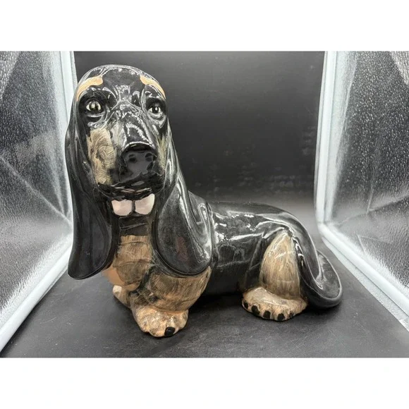 Vintage Ceramic Basset Hound Dog Figurine Signed Snoopy Black Tan Glossy 11.5in