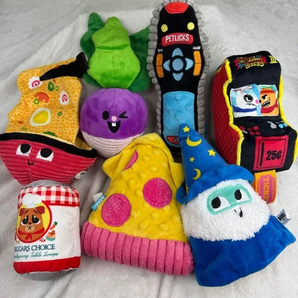 BARK Dog Toy Lot 7pc Plush Squeaker Pizza Ramen Arcade Wizard Remote Turnip