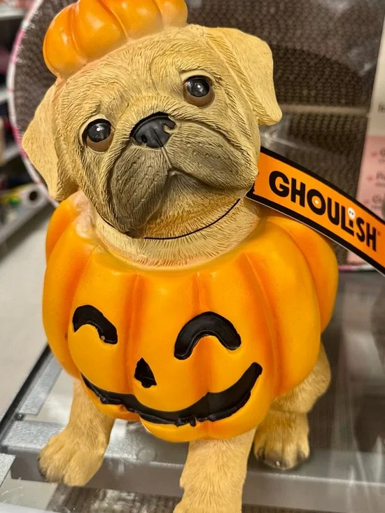 Ghoulish Orange Pumpkin Pug Dog Statue - Decorative Halloween Figurine