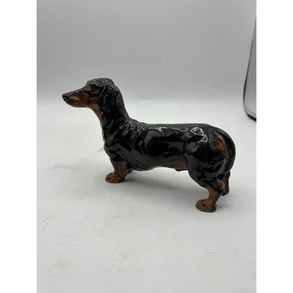 Vintage Dachshund Dog Figurine Black & Tan Ceramic Wiener Dog Statue 7