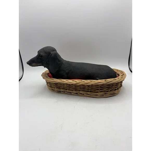 Sandicast Black Dachshund Dog Sculpture Susan Brue 1983 w Wicker Bed 11
