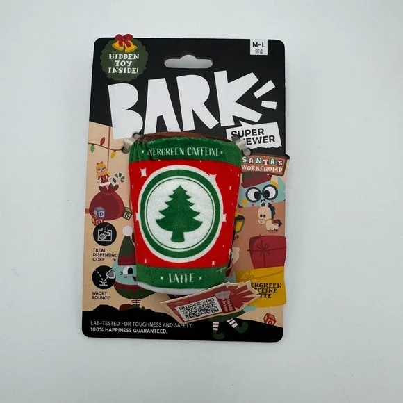 Bark Super‎ Chewer Evergreen Caffeine Latte Dog Toy Box NIB M-L