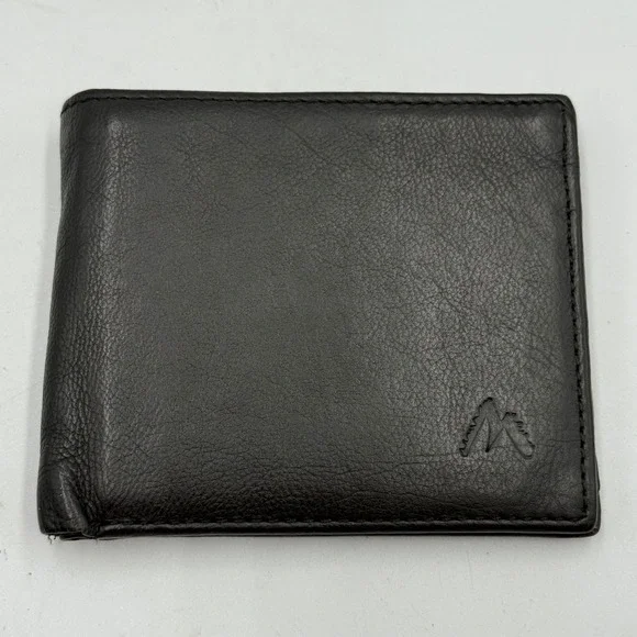 Mountain Logo Mens‎ Black Genuine Leather Bifold Wallet with ID Window