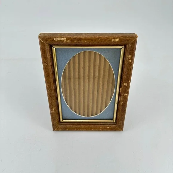 Vintage Wood Picture‎ Frame Blue Oval Mat Gold Trim 5x7 Distressed Rustic Decor