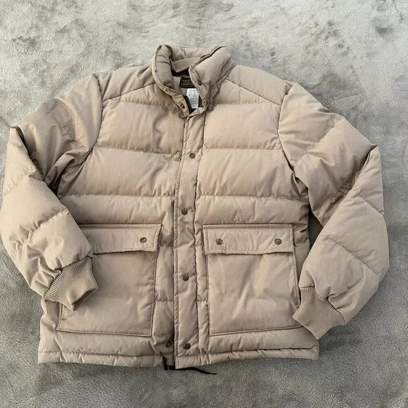 Vintage Eddie Bauer Down Filled Puffer Coat Tan Men's LARGE *no hood* USA Made