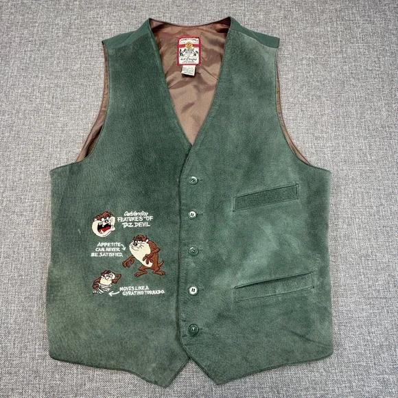 Vintage Looney Tunes Taz Vest Mens Medium Slim Fit Green Suede Leather 90s Biker