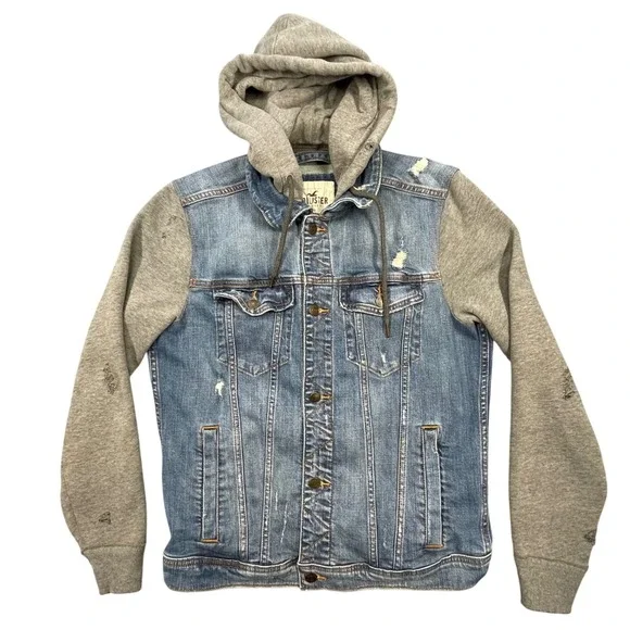 Hollister Blue Distressed Hooded Denim Hybrid Jacket Mens M Grunge Streetwear