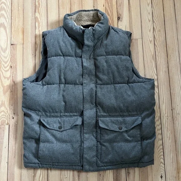 Old Navy Mens Puffer Vest Sherpa‎ Lined Collar Gray Padded Full Zip Pockets XL