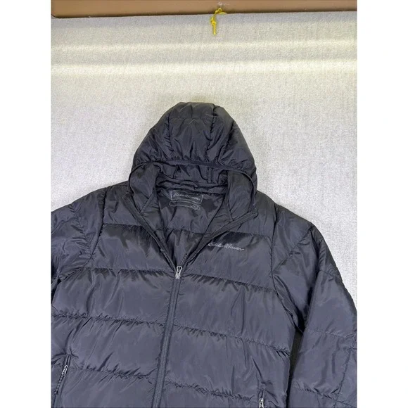 Eddie Bauer Men M Down Hooded Puffer Jacket Black‎ EB650 Full Zip Outdoor