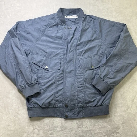 Zara Blue Bomber Jacket Mens Small Lightweight Zip Front Rib Trim Utility‎ Coat