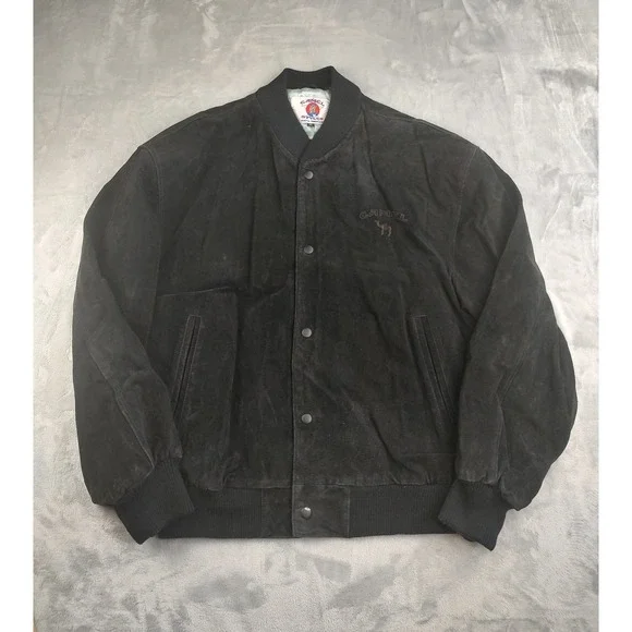Camel Styles Leather Bomber Jacket Mens‎ XL Black Suede Baseball Varsity