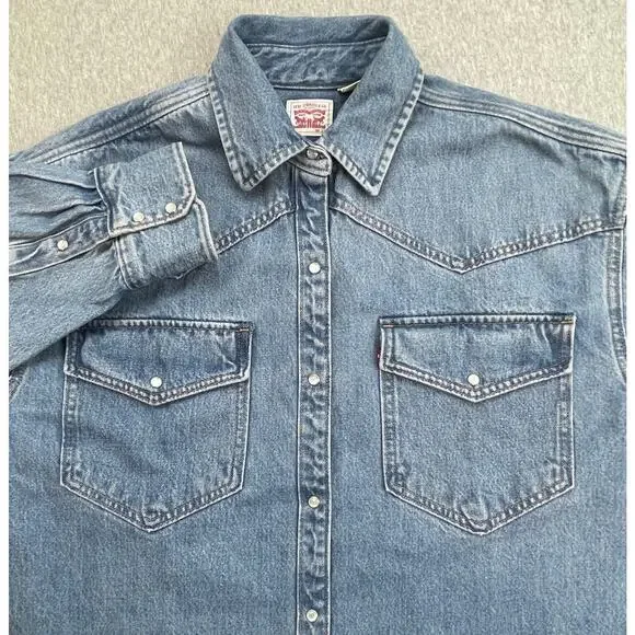Levis‎ Jacket Mens Large Blue Denim 100% Cotton Pearl Snap Front