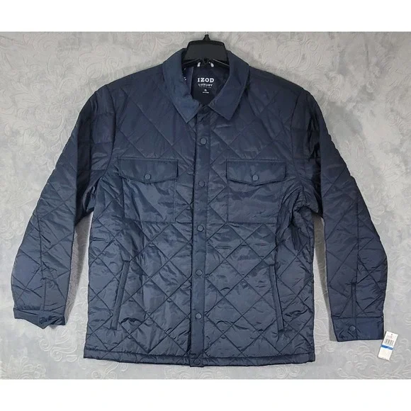 Izod Luxury Classics Men's XL Navy Blue Puffer Jacket Button Snaps Windproof NWT