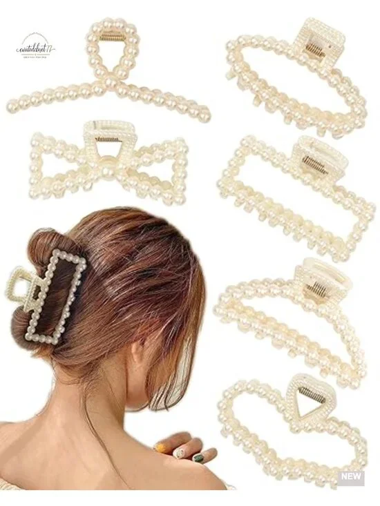 6 Pack Large Non-Slip Pearl Hair Claws for Thick Hair Wedding Styling