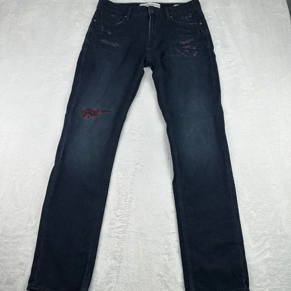 Guess Slim Angels Mens 33x32 Dark Wash Distressed Rip Repair Red Lining Jeans