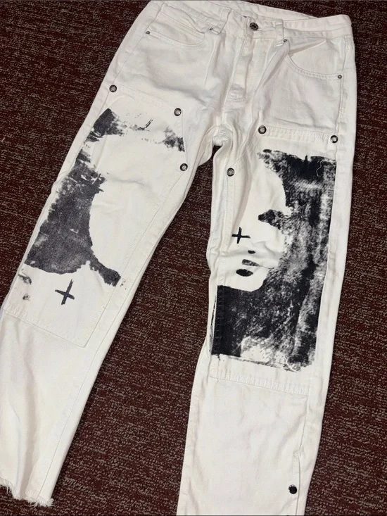 Aelfric Eden denim printed white grunge grommet accent jeans punk grunge pant 30