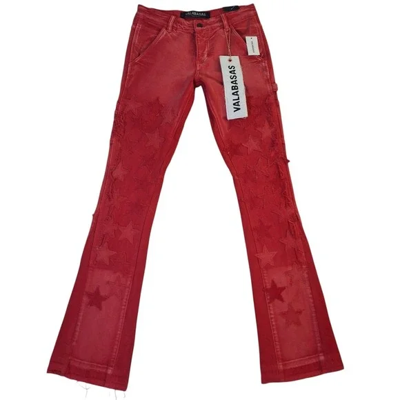 Valabasas V-Star Red Wash Distressed Star Patchwork Flare Jeans Mens 29 NEW