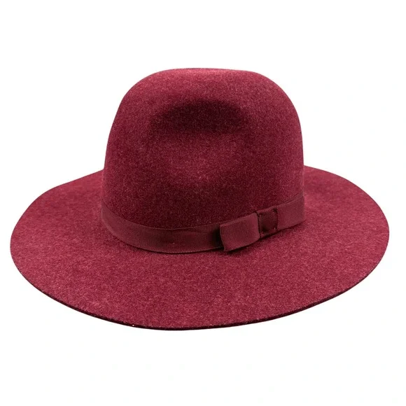 Brixton Wide Brim Wool Round‎ Top Hat Womens Small Burgundy/Wine Felt Ribbon Bow