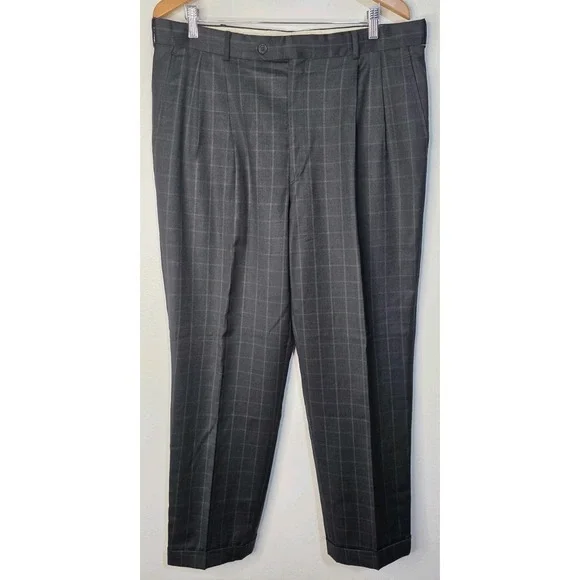 MILINEA 38x29 100% Wool Made Italy Men Gray Plaid Cuff Dress Pants Career Office