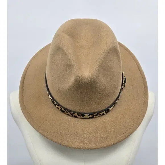 Camel Wool Fedora Hat with Leopard Print Band – Adjustable – Style PR107‎