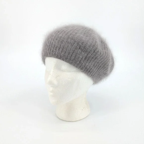 Grey Angora Blend Fuzzy Knit Beret‎ Hat Ribbed Parisian Style