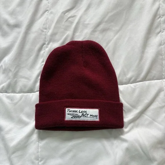 Think Less Act More Beanie Hat Winter Fall Unisex Red White Acrylic‎