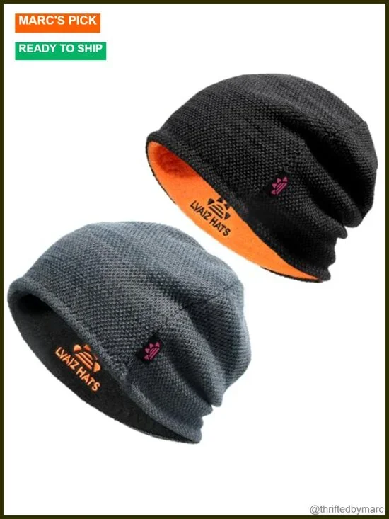 Reversible Fleece Lined Knit Beanie Hat 2 Pack Windproof Outdoor Unisex