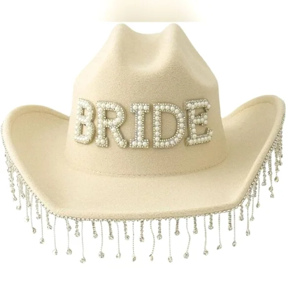 Beige Bridal Cowboy Hat with Pearl Fringe