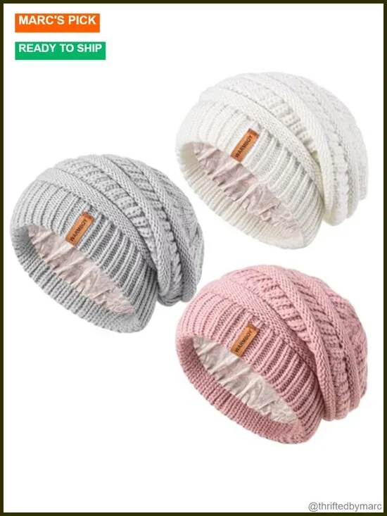 3 Pack Satin Lined Winter Beanie Hats Silk Lined Cable Knit Slouchy Beanie