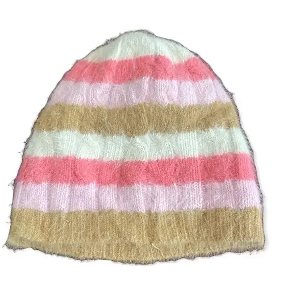Angora Wool Blend Women’s Striped Beanie Hat O/S