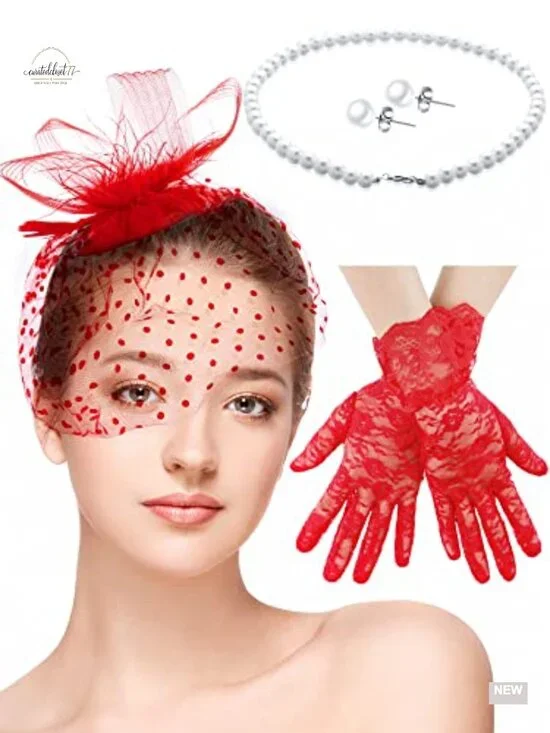 Fascinators Hat Set with Lace Gloves Pearl Necklace
