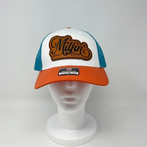 Milfin Aint‎ Easy Trucker Hat Leather Patch Richardson Low Pro 115 Orange Blue
