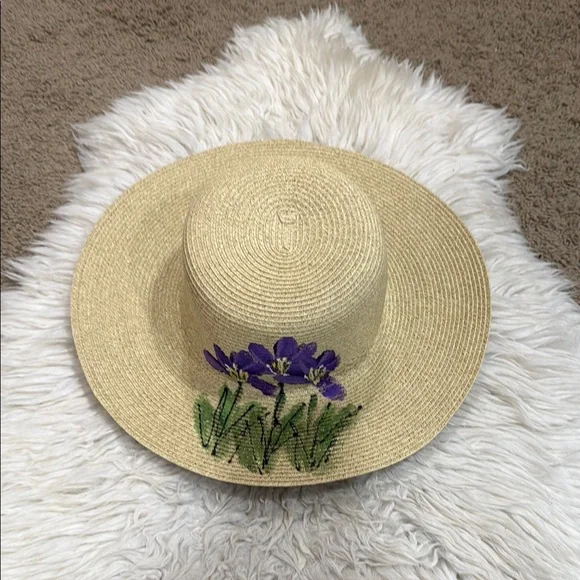 Joy Susan Hand Painted Woven Paper Floral Brim Sunhat OS‎