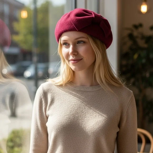 Vintage Burgundy Wool Cloche Beret with Bow — Structured French Style