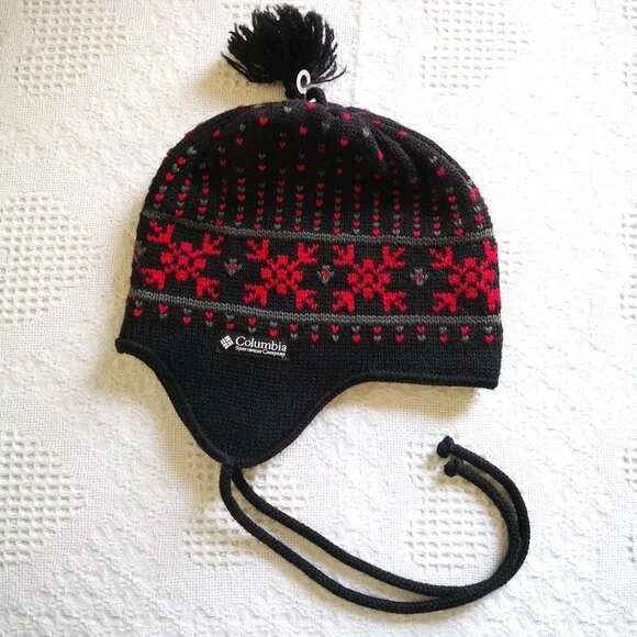 NEW Columbia 100%Wool Fleece Lined Hat‎ with Ear Flaps Black/Red Floral
