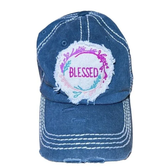 Womens‎ Hat Cap “Blessed” Kbethos Vintage Embroidered Gray Adjustable Floral
