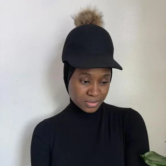 Nine West 100% Wool‎ Riding Cap with Faux Fur Pom