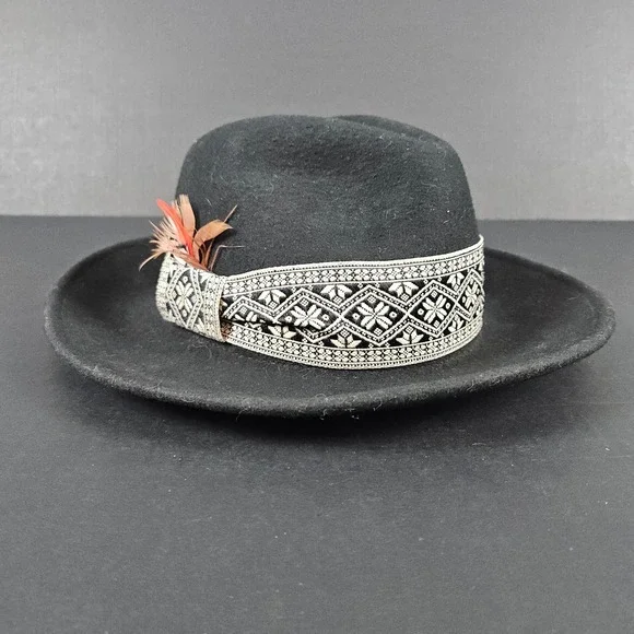 Gypsy Warrior Black Wool Fedora Hat Embellished Band Feather Detail‎ One Size