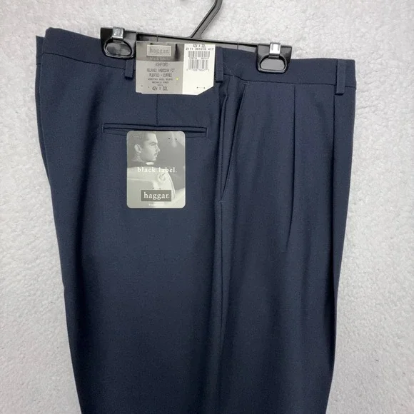 Haggar Black Label Ashford Navy Pleated Cuffed‎ Dress Pants 42x32 Wool Blend NEW