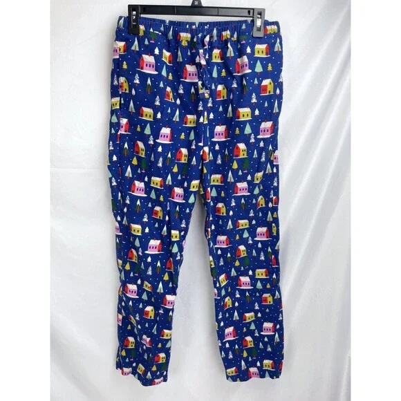 Hanna Andersson Adult Small PJ Blue Fleece Pants Cotton Houses Snow‎ Trees