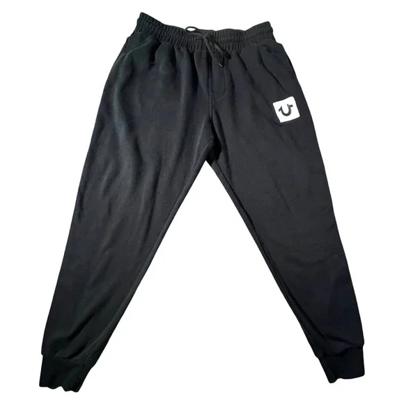 True Religion Jogger Sweatpants Mens Large Black Logo Tape Horseshoe Side Stripe
