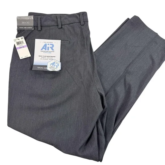 Van Heusen Air Dress Pants Mens 38 Gray Straight Fit Max FlexWaist 40x30 NEW $70