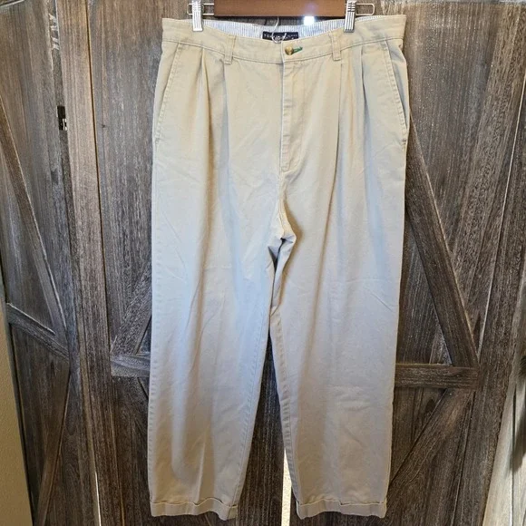 Tommy Hilfiger Pants Men's Size 36‎ x 32 Beige Pleated Straight Cuffed Vintage