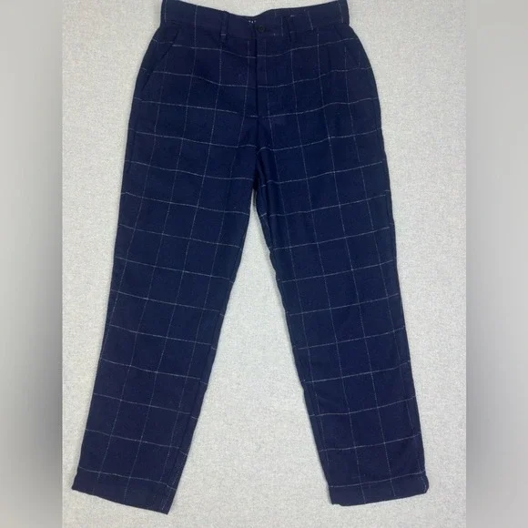 Gap Wool Blend Pants Mens 31 Navy Relaxed Taper Windowpane Plaid Academia Preppy