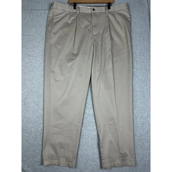 Oak Hill Premium Pant Mens 48x32 Tan Pleated Chino Khaki Trousers Stretch