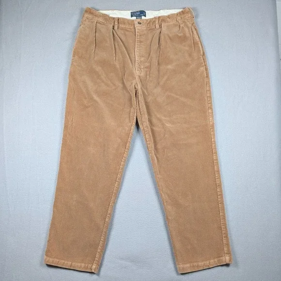 Vintage‎ Polo Ralph Lauren Andrew Pants Men 38x32 Tan Corduroy Pleated Trousers