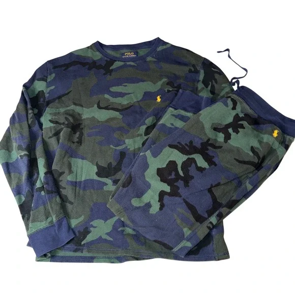 Polo Ralph Lauren Sleepwear Set XL Camo‎ Blue Green Thermal Waffle Knit 2pc